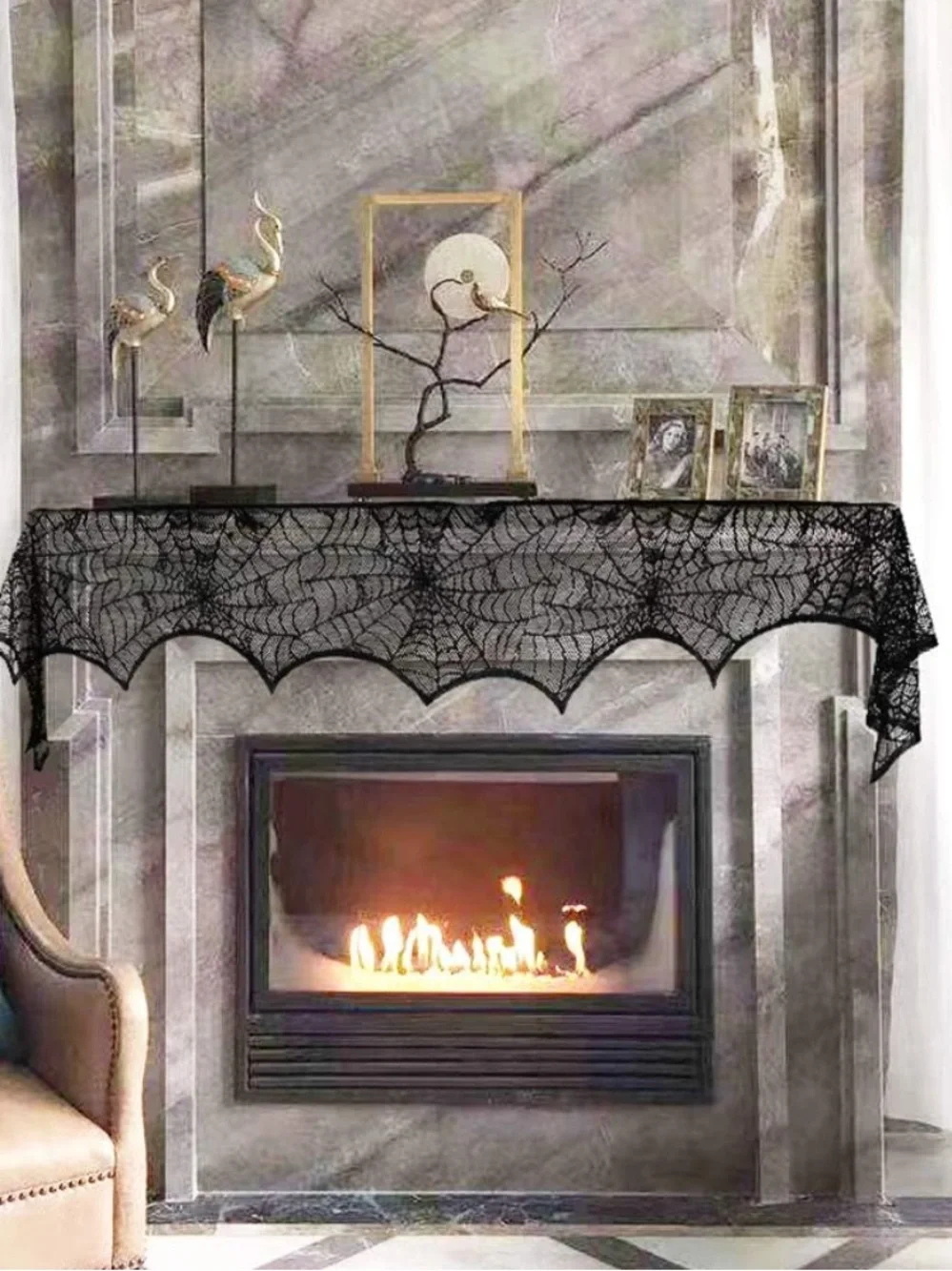 Spooky Spiderweb Lace Mantel Runner - Black Halloween Decor